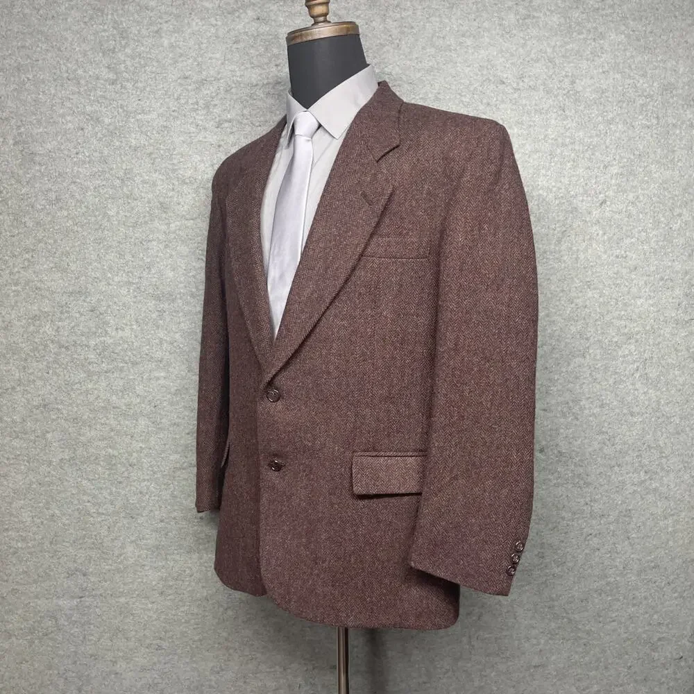 Brookcraft Mens Tweed Sport Coat Blazer Maroon Herringbone USA 46R Wool Look